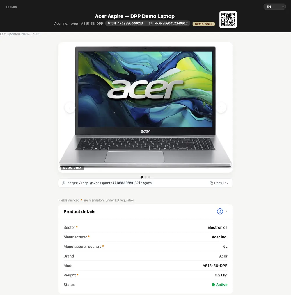 A live EU Digital Product Passport in dpp.gs — Acer Aspire demo laptop: the QR-linked passport page showing the product image, its public URL, and the mandatory ESPR product details (sector, manufacturer, country of manufacture, brand, model, weight, status)