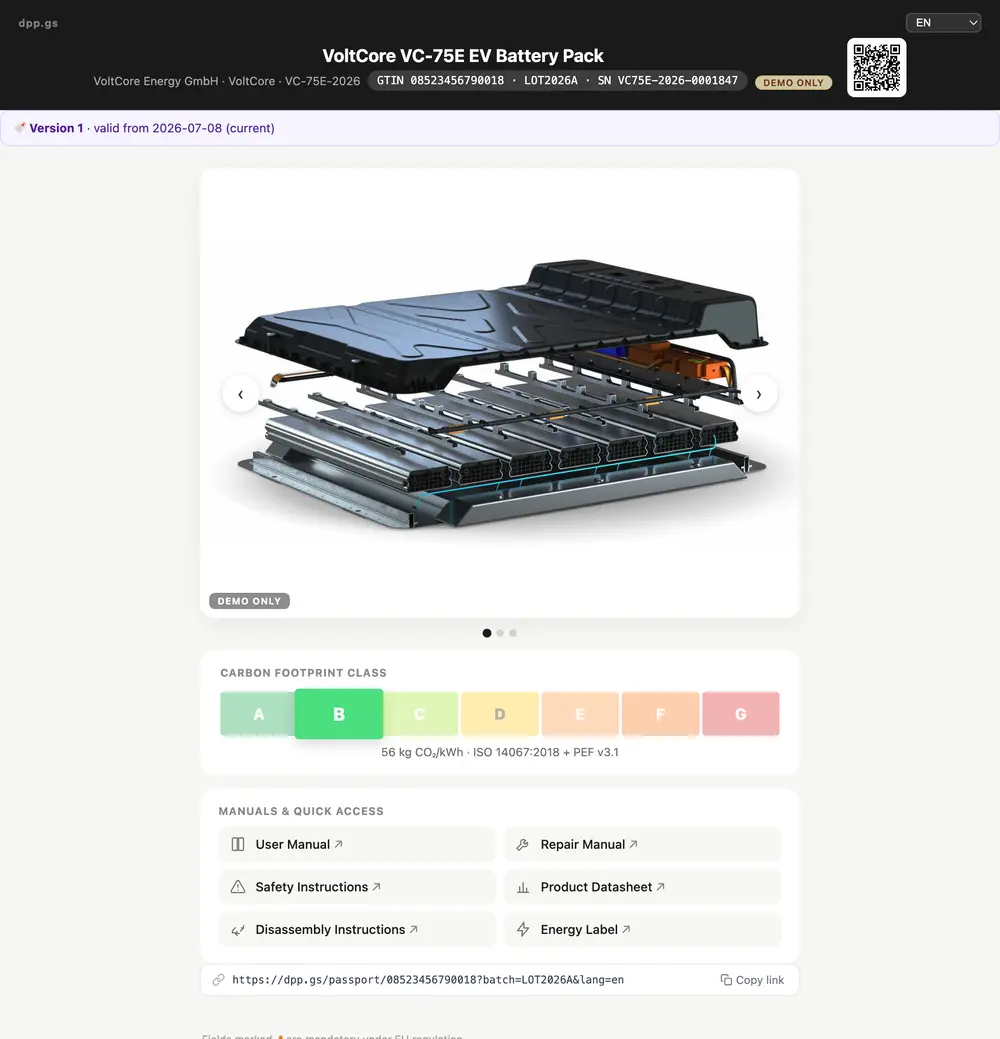 A live EU Battery Passport in dpp.gs — VoltCore VC-75E EV battery pack: the QR-linked passport showing the exploded battery view, carbon footprint class, and quick access to the user, repair, safety and disassembly manuals plus the energy label